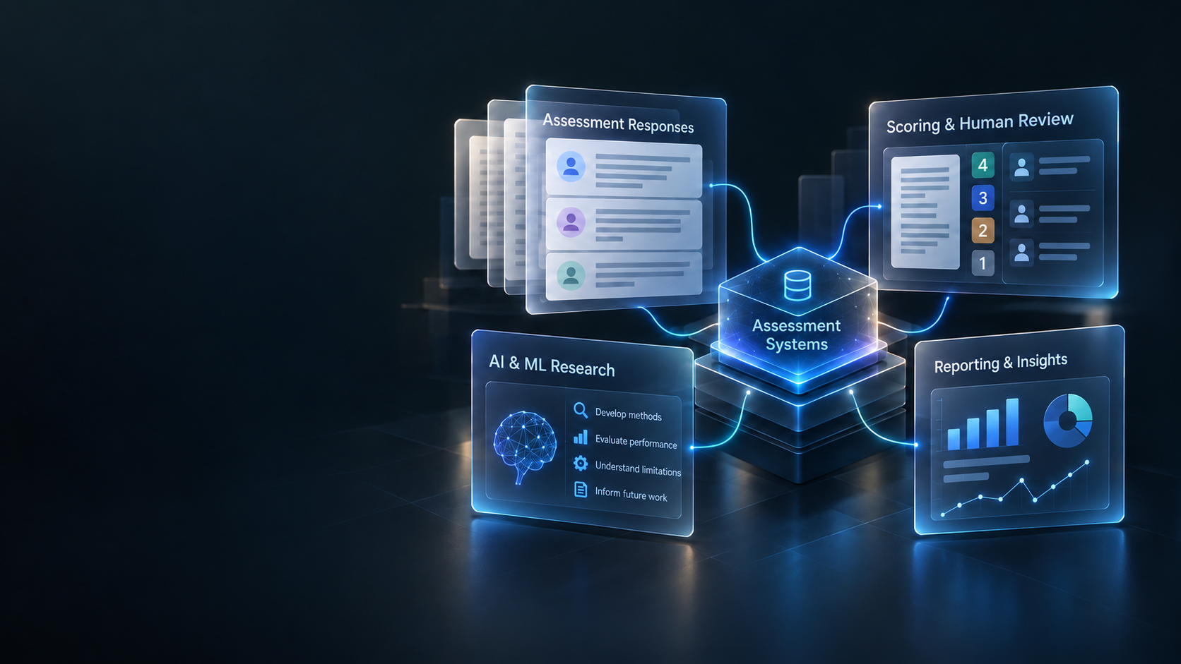 Illustration connecting assessment responses, human scoring and review, reporting, and a separate AI and machine learning research component.